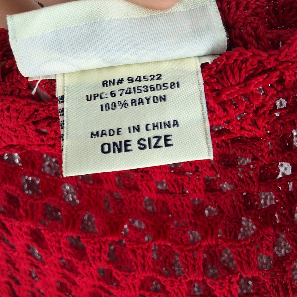 Vintage Y2K Faded Glory Red Crochet Knit Fringe Poncho Shawl Boho Festival OS - Picture 4 of 5